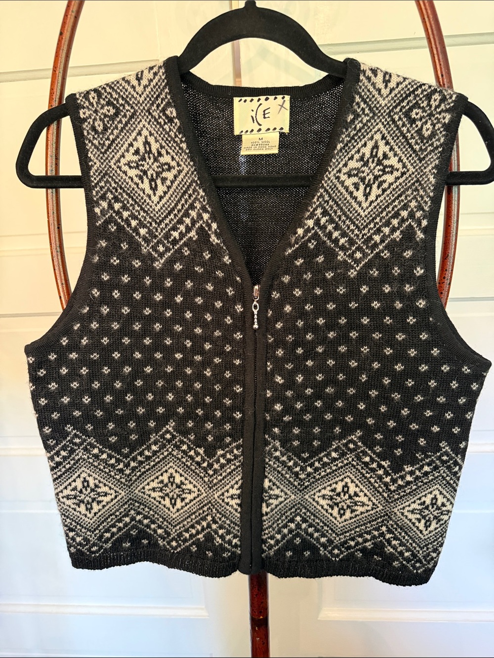 Vintage ICE 100% Wool Fair Isle Nordic Zip Vest Black White Medium